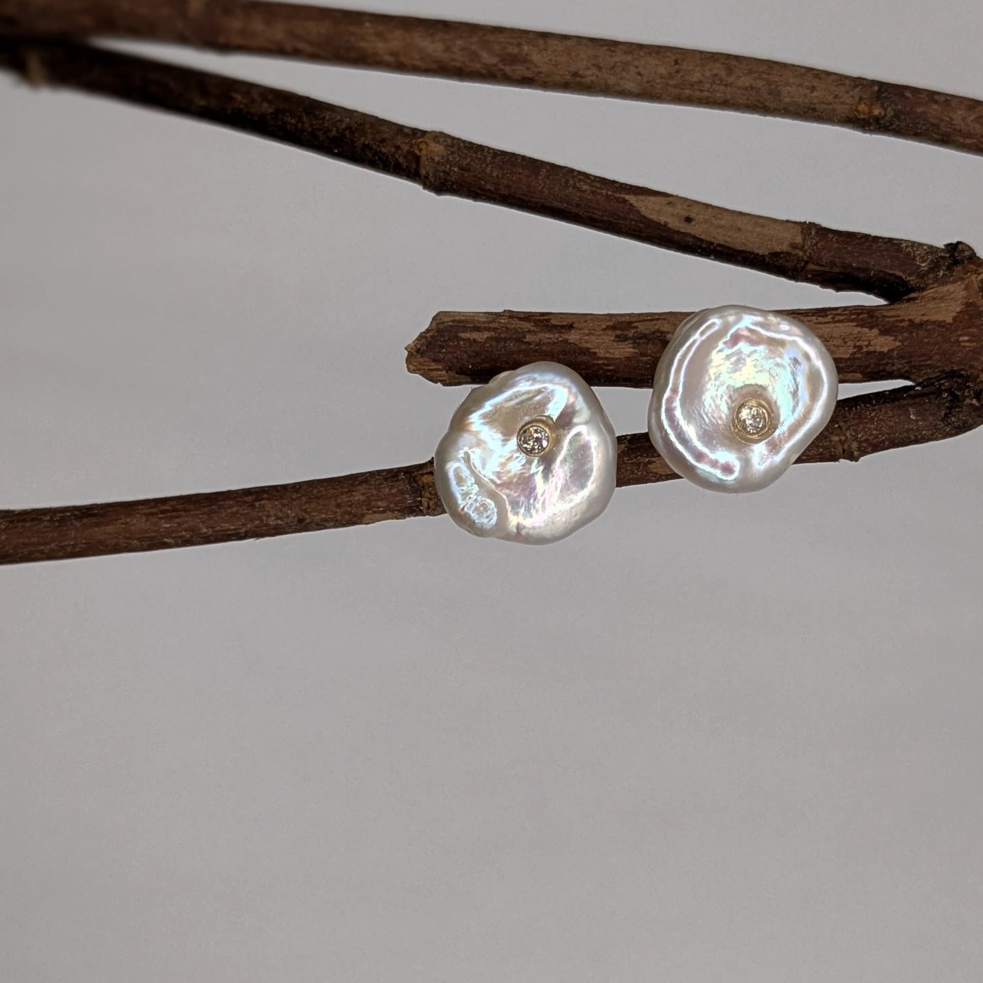Diamond Keshi Pearl Stud Earrings 14k 18k Gold Handmade