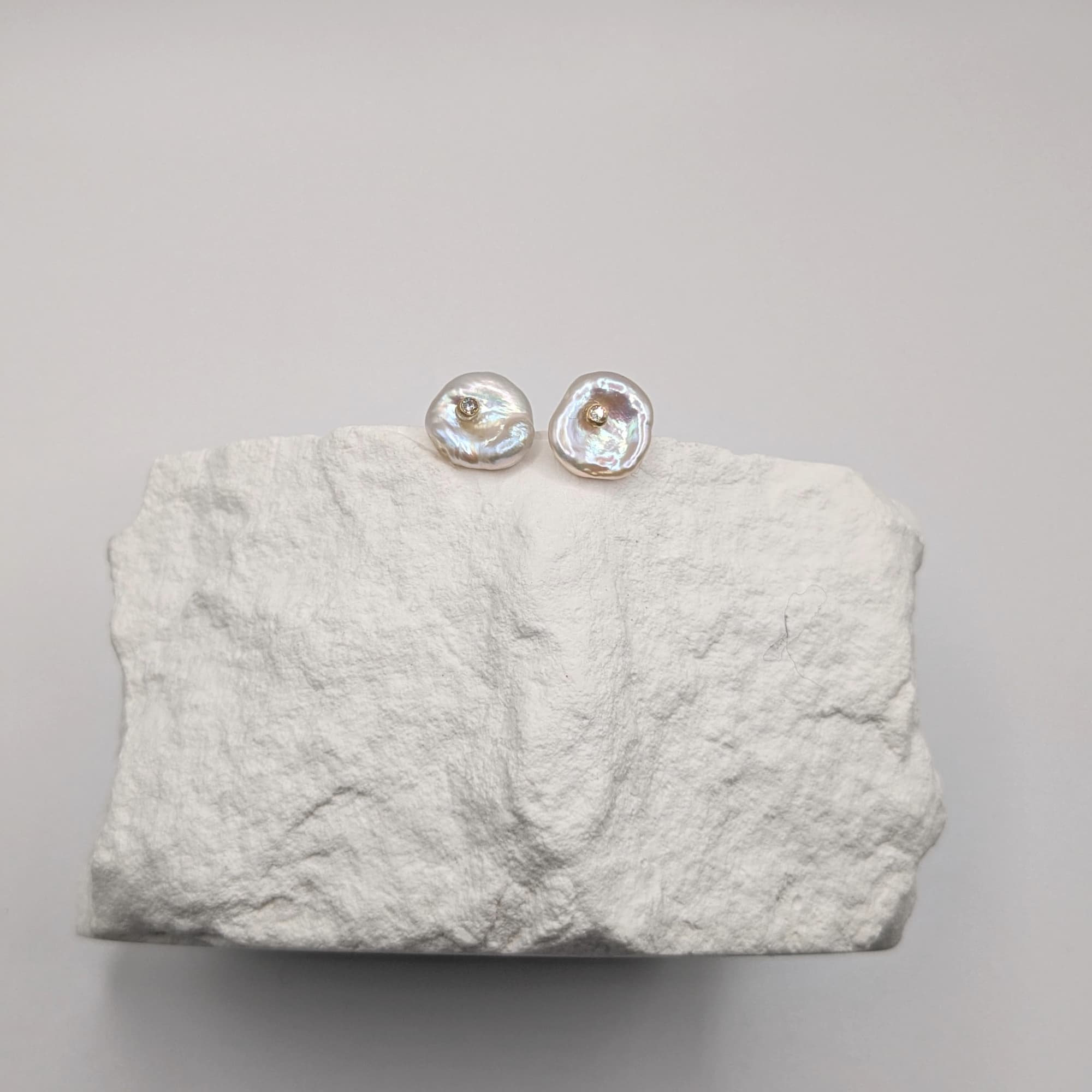 Diamond Keshi Pearl Stud Earrings 14k 18k Gold Handmade