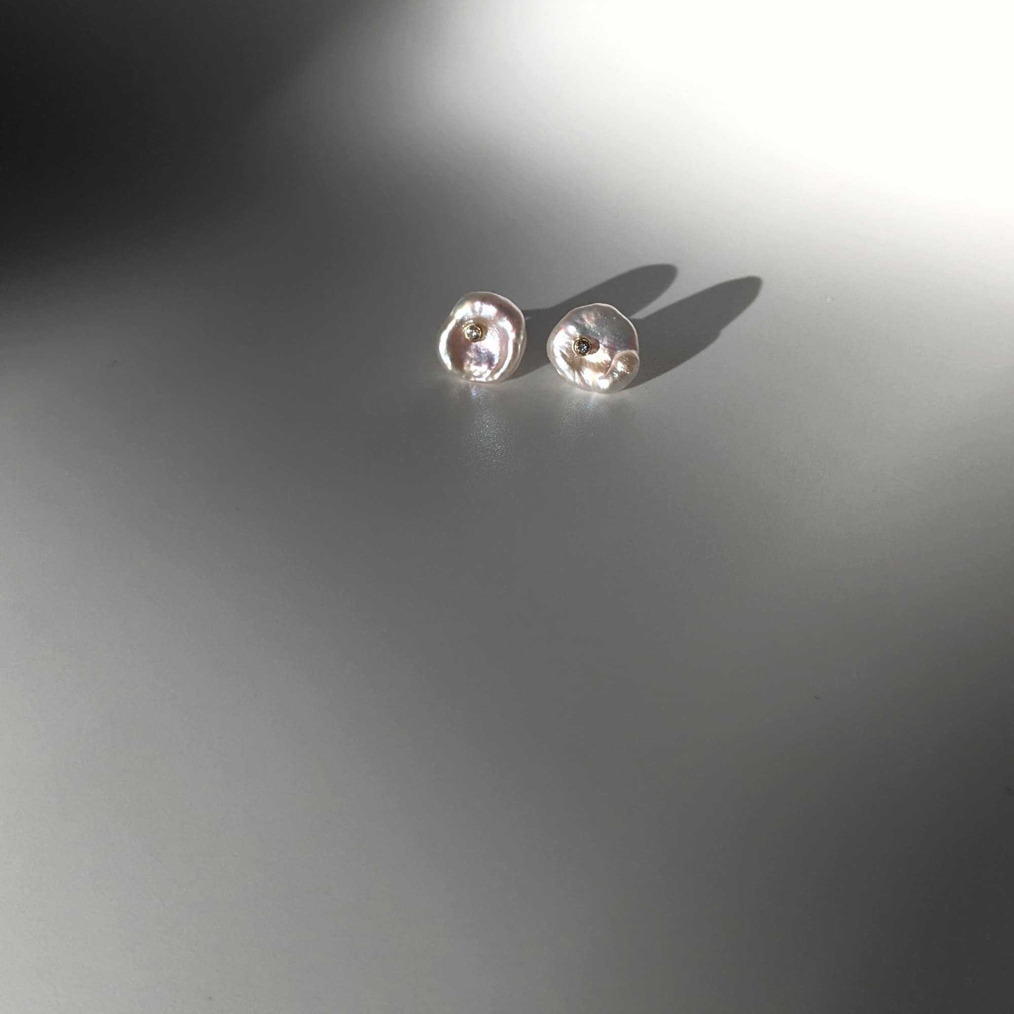 Diamond Keshi Pearl Stud Earrings 14k 18k Gold Handmade